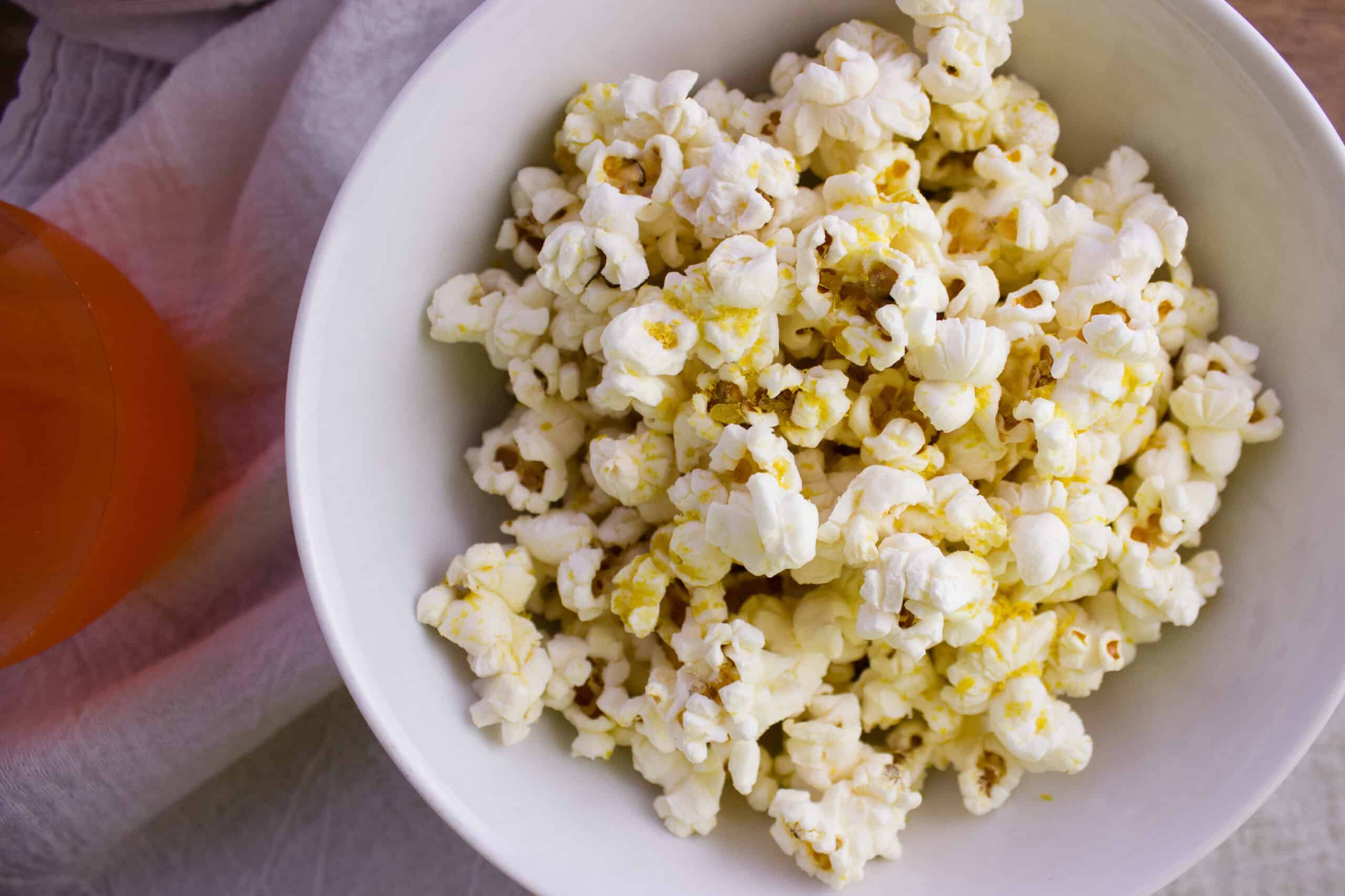 Overhead view of bowl of popcorn. 