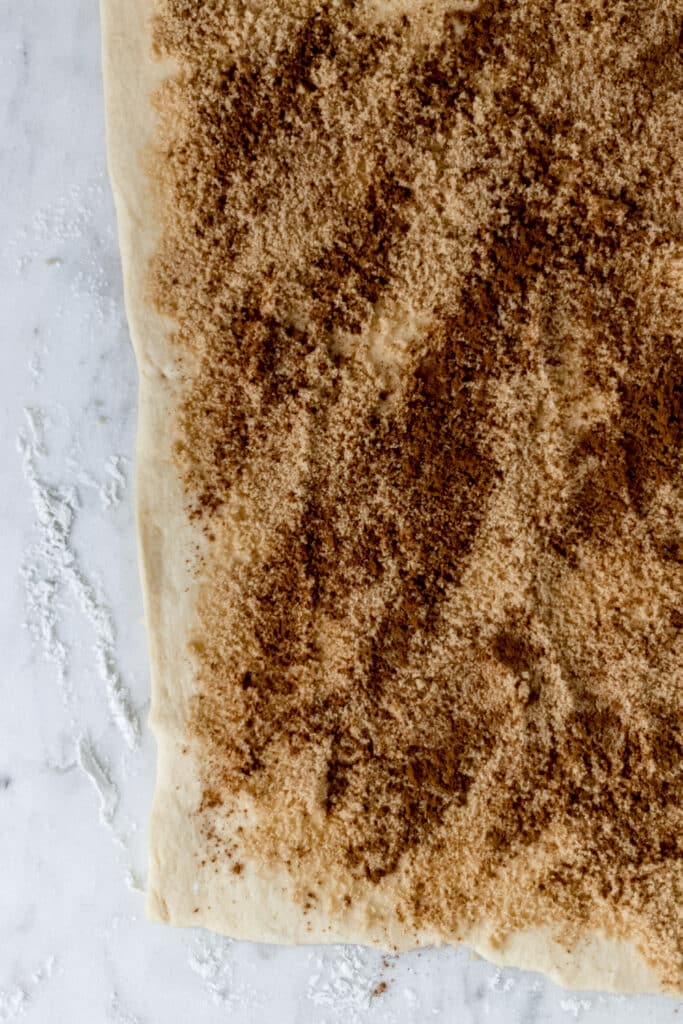 rolled out crescent roll dough topped with brown sugar and ground cinnamon