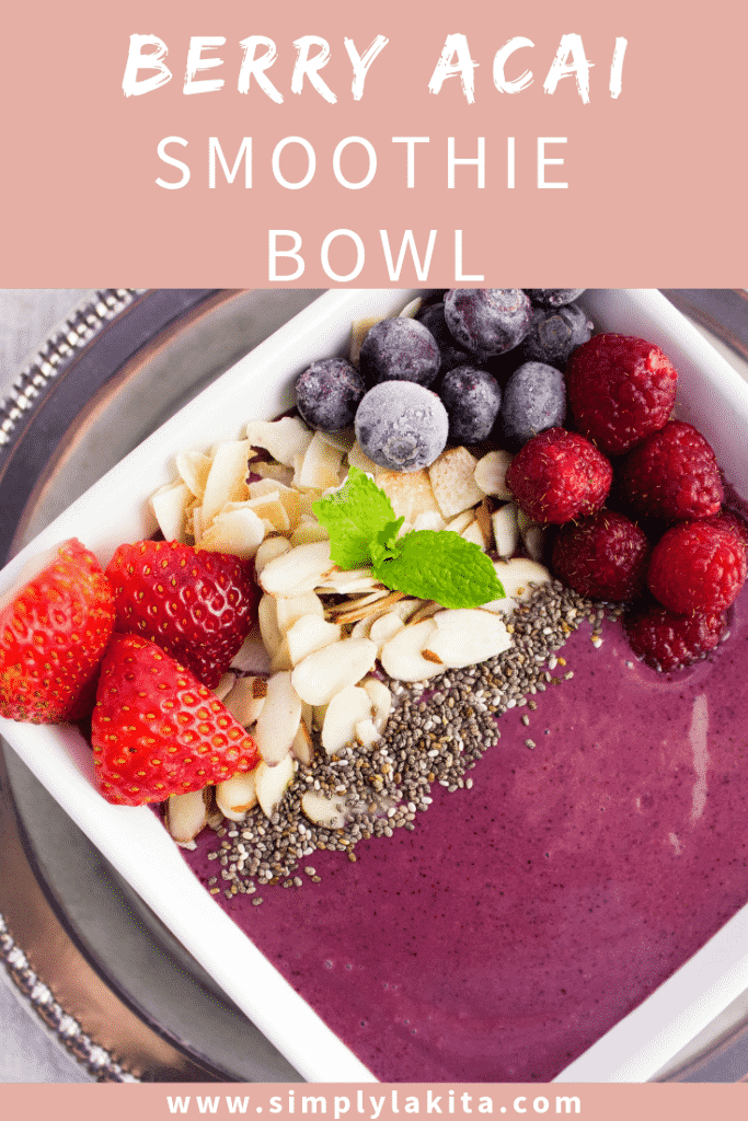 overhead view of bright berry acai smoothie bowl