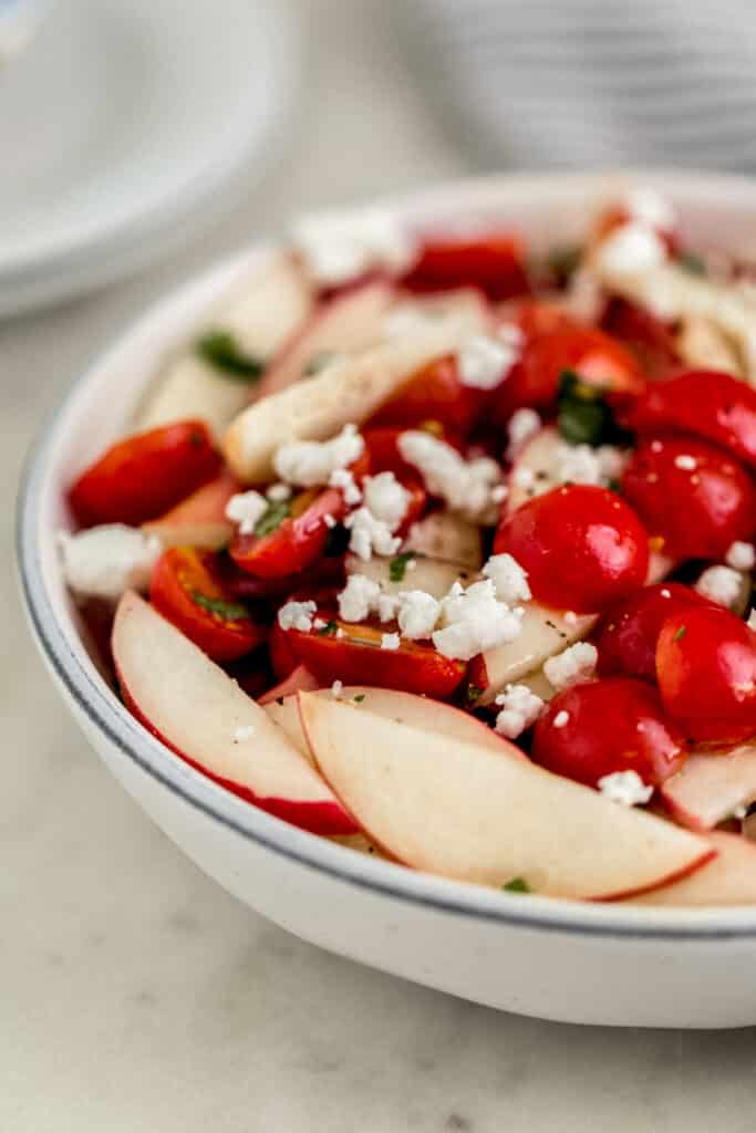 close up side view tomato peach salad in large white bowl 