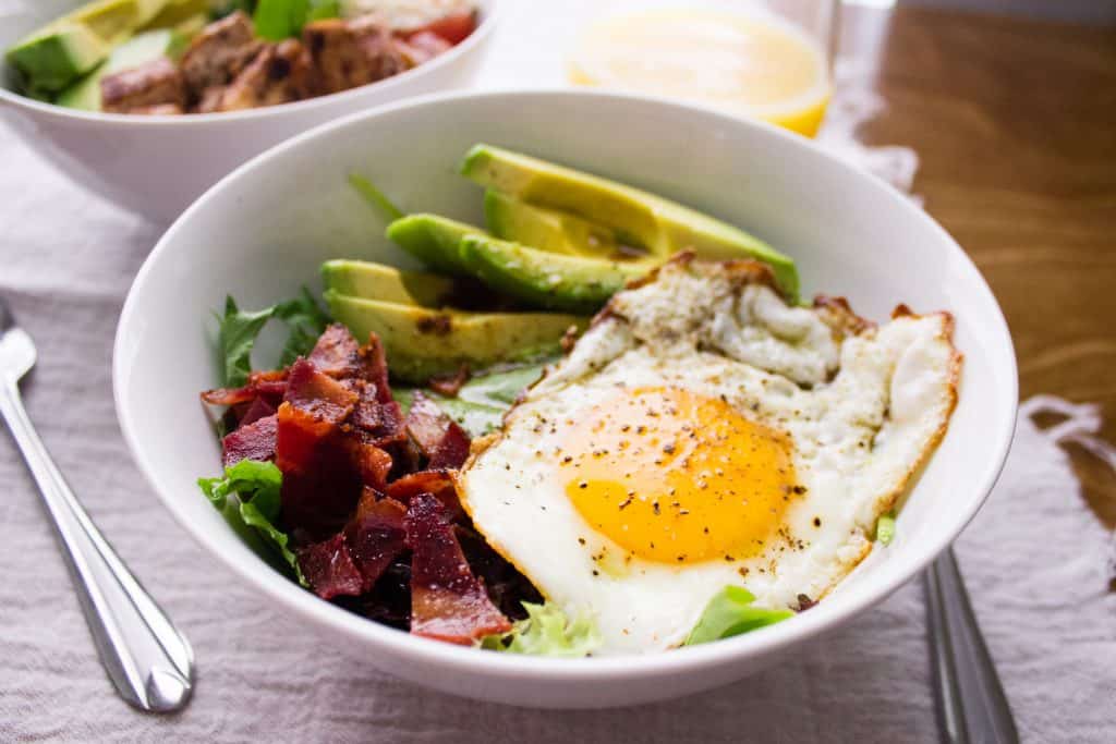 close-up side view of breakfast bowls 