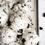 overhead view cookies and cream ice cream in container.