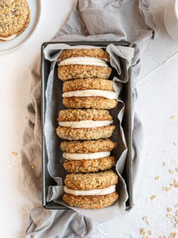 overhead view oatmeal cream pies in loaf pan.