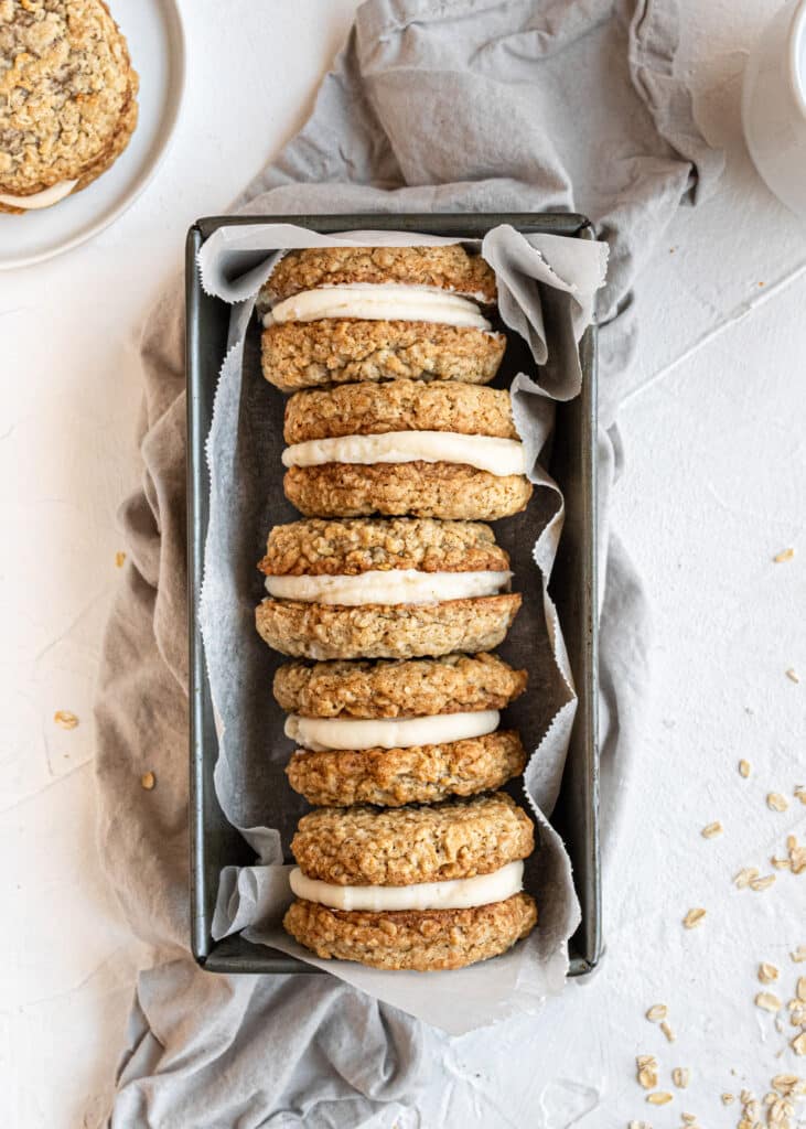 overhead view oatmeal cream pies in loaf pan.
