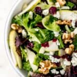 overhead view salad in white bowl