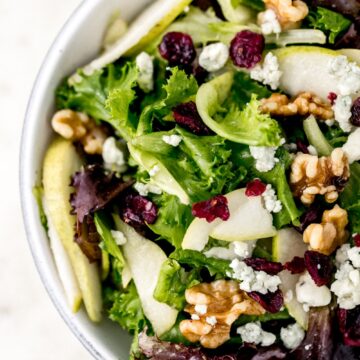 overhead view salad in white bowl