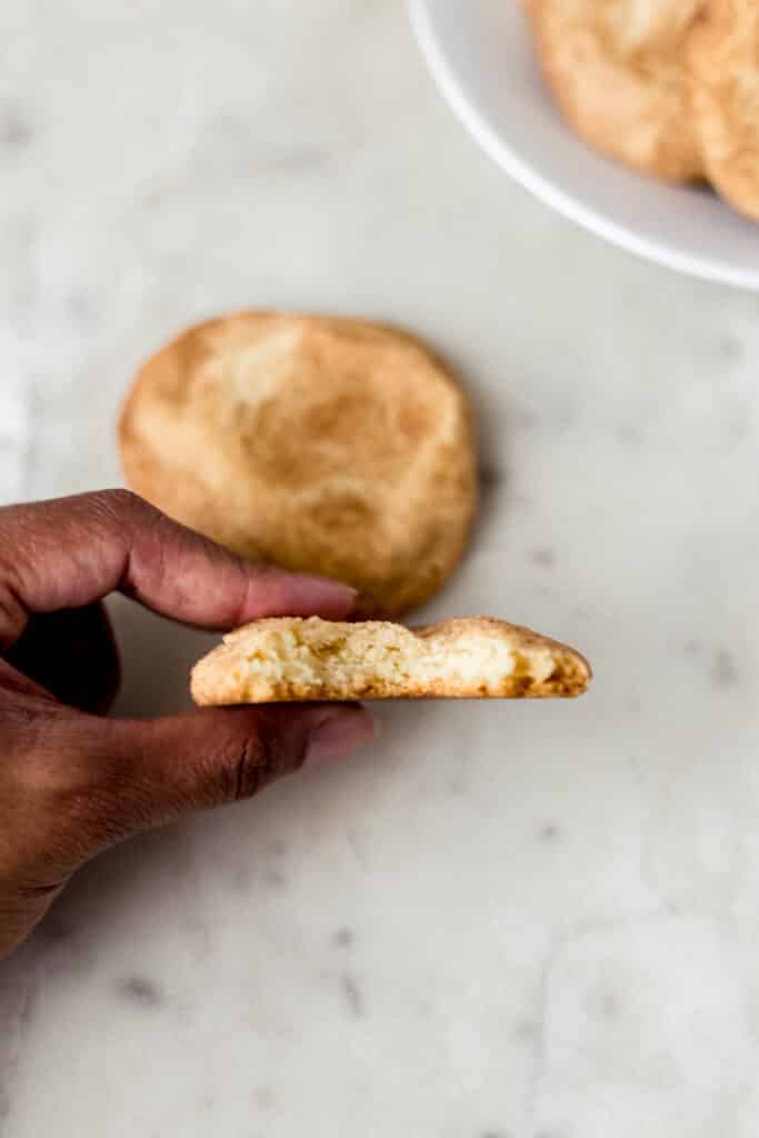 hand holding a snickerdoodle cookie that has a bite in it