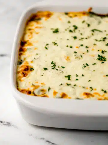 close up front view of finished lasagna in baking dish