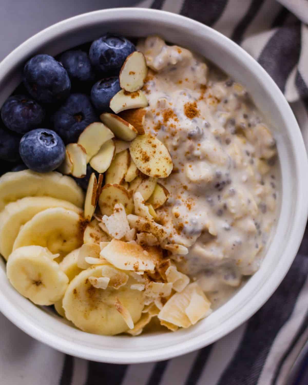 Close up view of bowl of oats. 