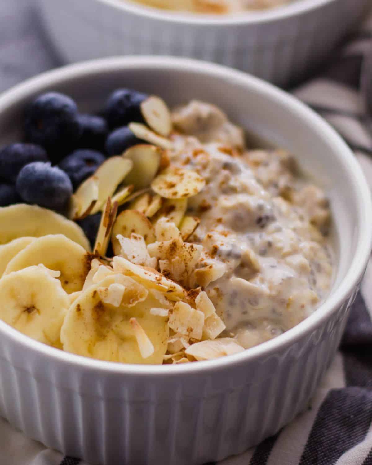 Close up view of bowl of oats. 