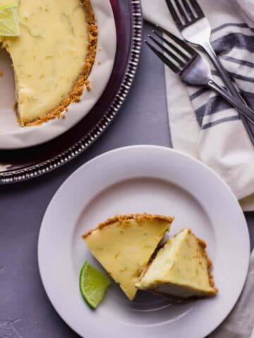 close-up view of key lime pie for 2 with forks
