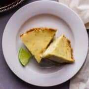 Overhead view of slices of pie on plate.