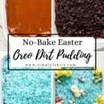 Four process photos to make dirt pudding on pin with text overlay.