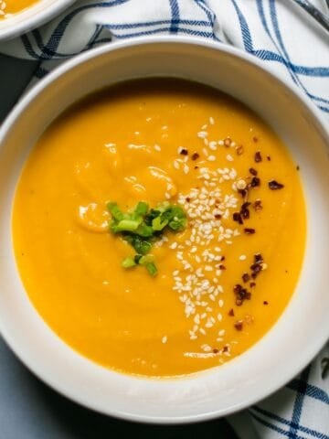 Overhead view of finished bowl of soup.