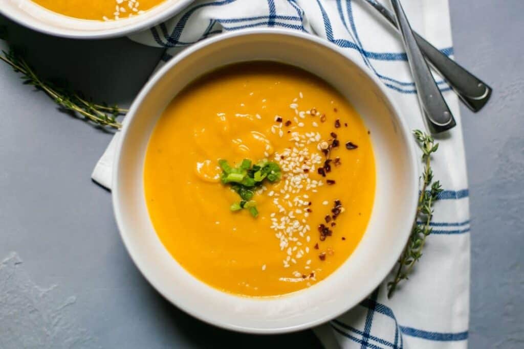 Overhead view of Sweet Potato Miso Soup in a bowl 