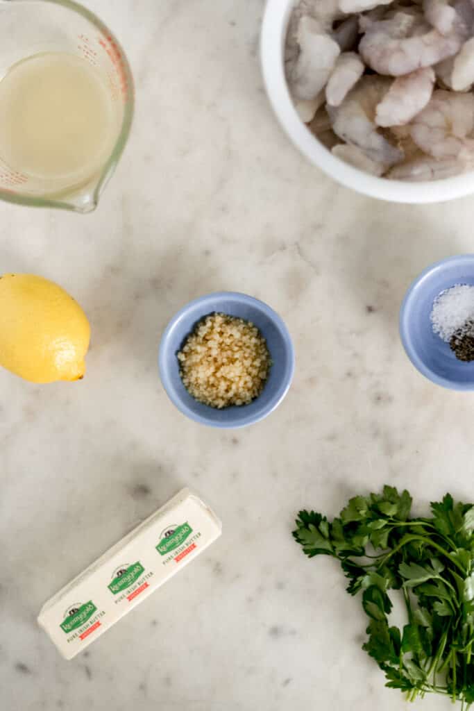 ingredients for garlic shrimp in small bowls and containers. 