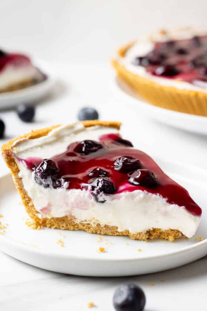 close up side view of slice of blueberry cheesecake on a white plate