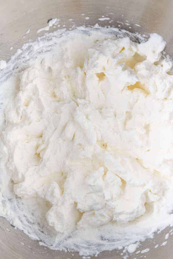 heavy cream combined to form stiff peaks in mixer bowl.