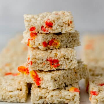 stack of finished rice krispie treats with candy corn