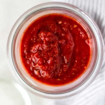 overhead view of pasta sauce in a jar