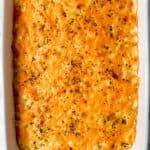 Overhead view of baked mac and cheese in baking dish.