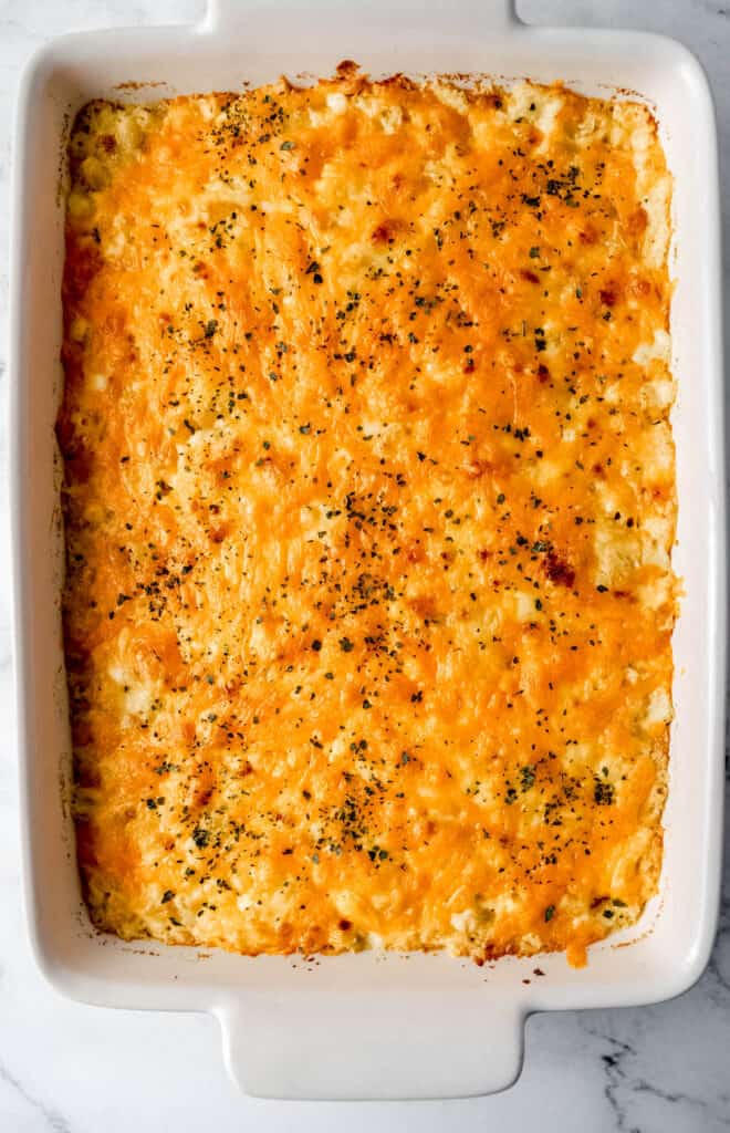 Overhead view of baked mac and cheese in baking dish.