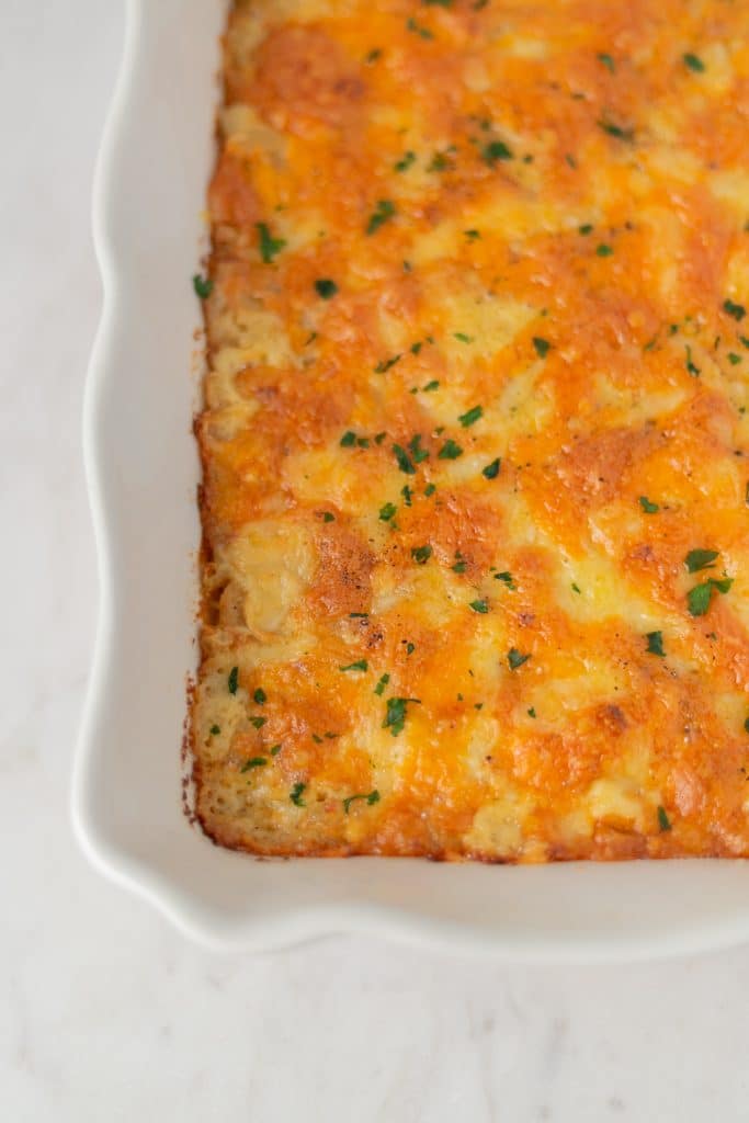 Close-up of Southern Mac and Cheese in baking dish 