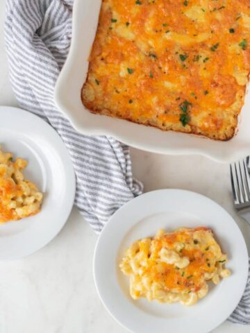 overhead shot of southern mac and cheese recipe with napkins and fork