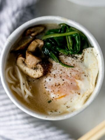 Overhead view of finished cup of ramen.