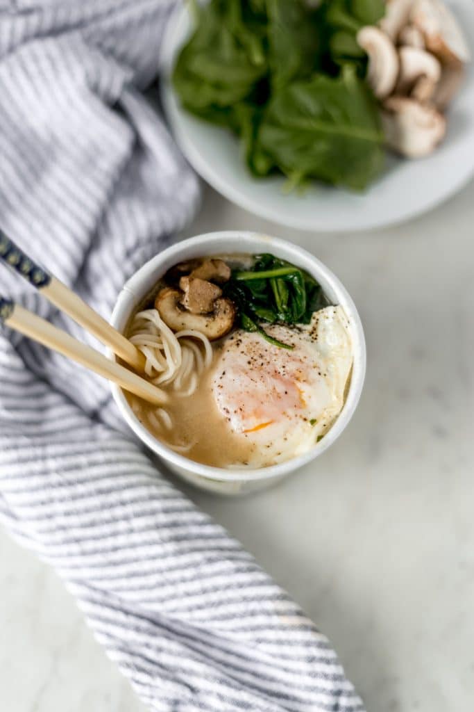 overhead view instant ramen with chopsticks