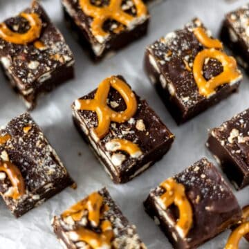 close-up view of pretzel fudge