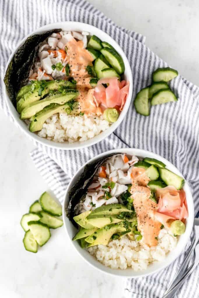 California Roll Bowl, two bowls over napkin showing all ingredients 