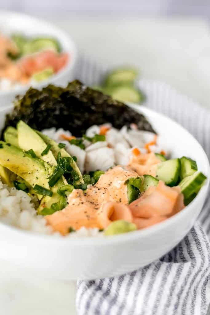 Close-up California Roll Bowl side view 