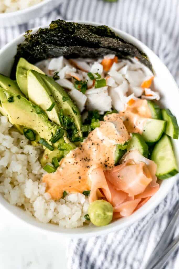 close-up full overhead view of California Roll Bowl 