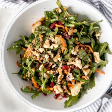 overhead view everyday salad with fork and napkin