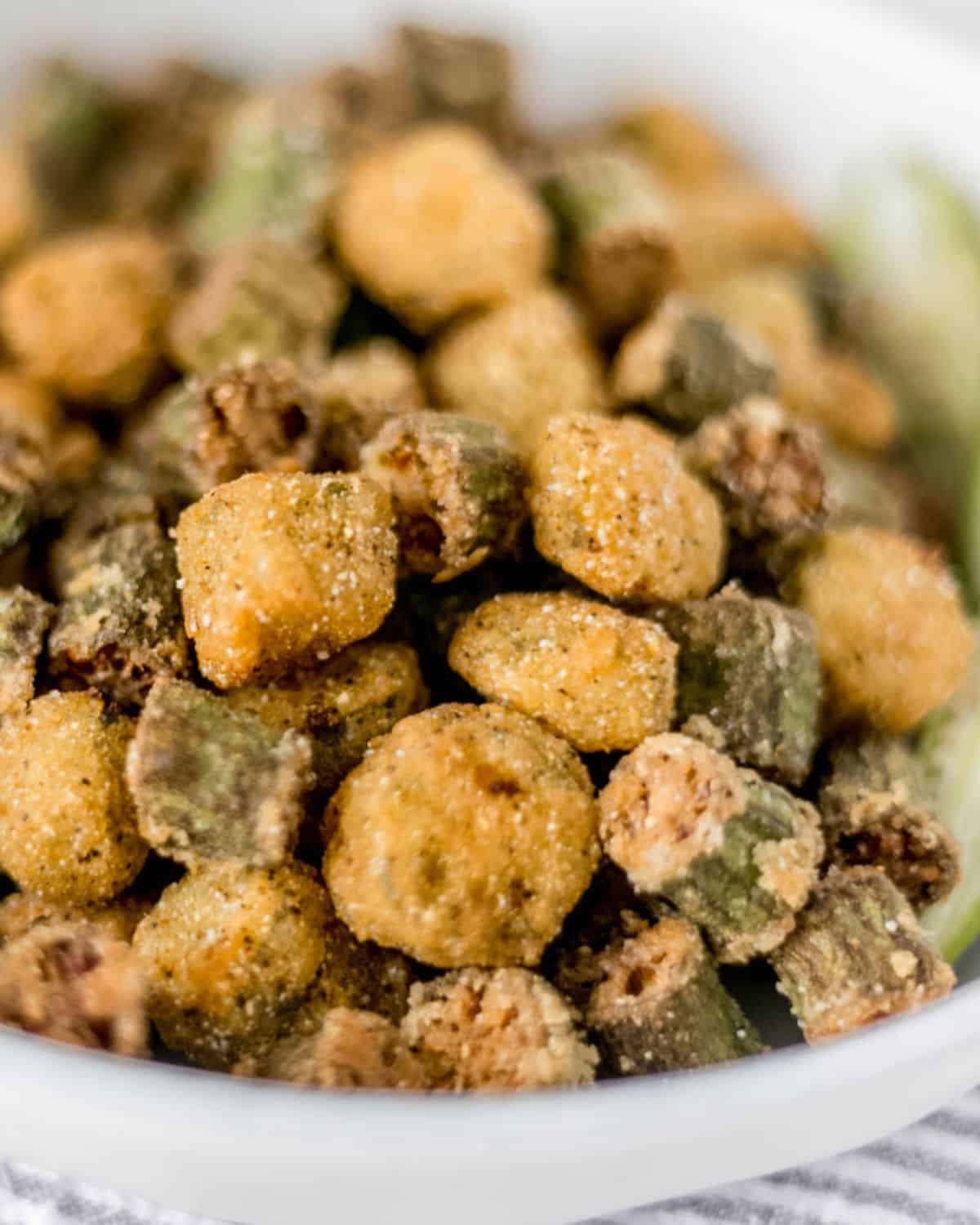 Close up of fried okra in a bowl. 