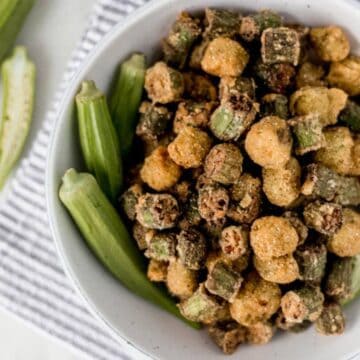 overhead view of fried okra in a bowl