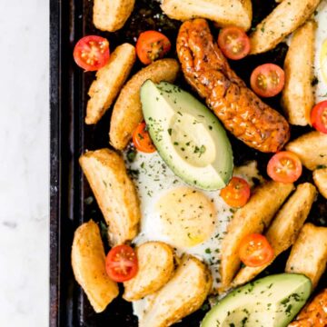 overhead view sheet pan breakfast bake