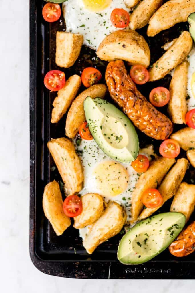Sheet Pan Breakfast Bake on sheet pan with cooked ingredients 