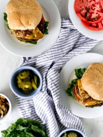 overhead view no fuss hamburger recipe on plates