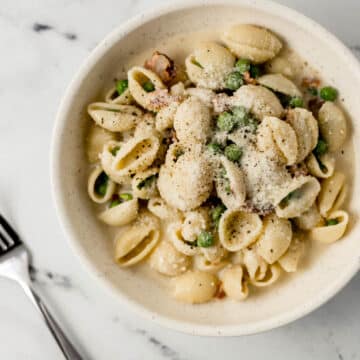 overhead view of finished single bowl of pasta