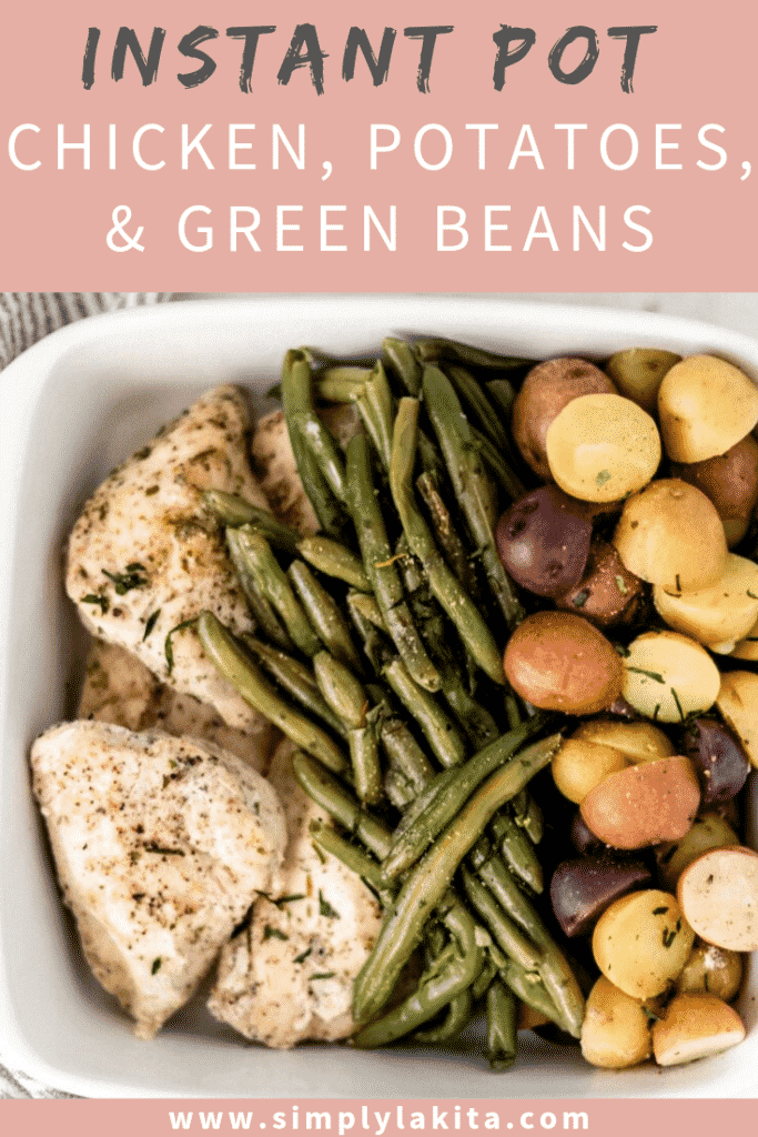 overhead view of chicken, potatoes, and green beans in square white baking dish