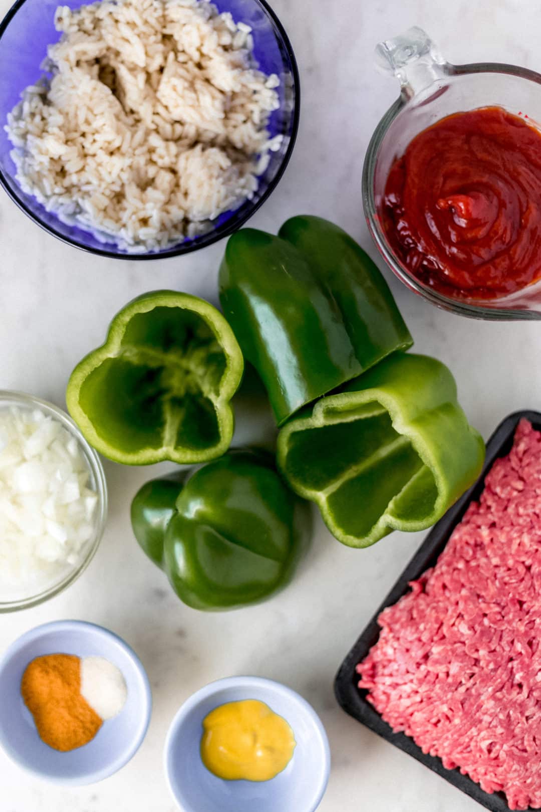 overhead view of ingredients to make instant pot stuffed peppers
