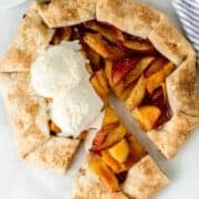 Overhead view of finished galette topped with ice cream.