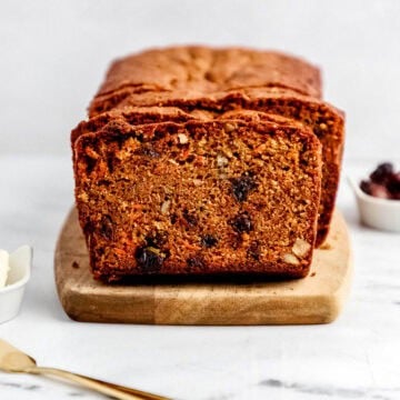 Close up front view of finished bread on cutting board.
