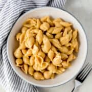 Overhead view of bowl of mac and cheese.
