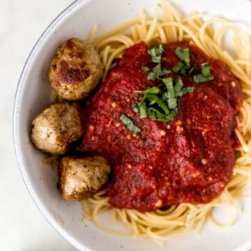 Close up overhead view of a bowl of pasta.