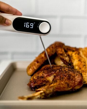 Close up front view of baked turkey on sheet pan with thermometer in it.