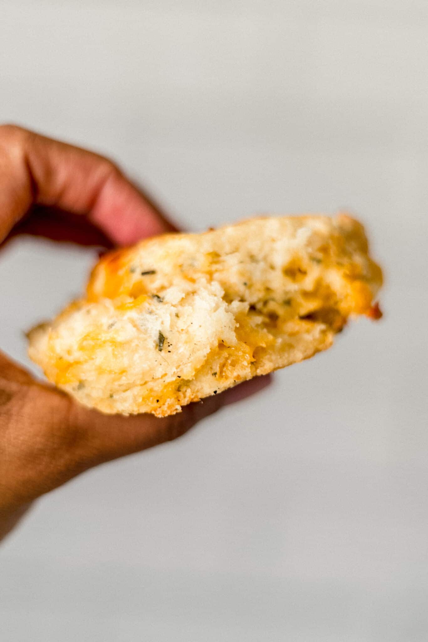 close up side view of hand holding cheddar herb biscuit 
