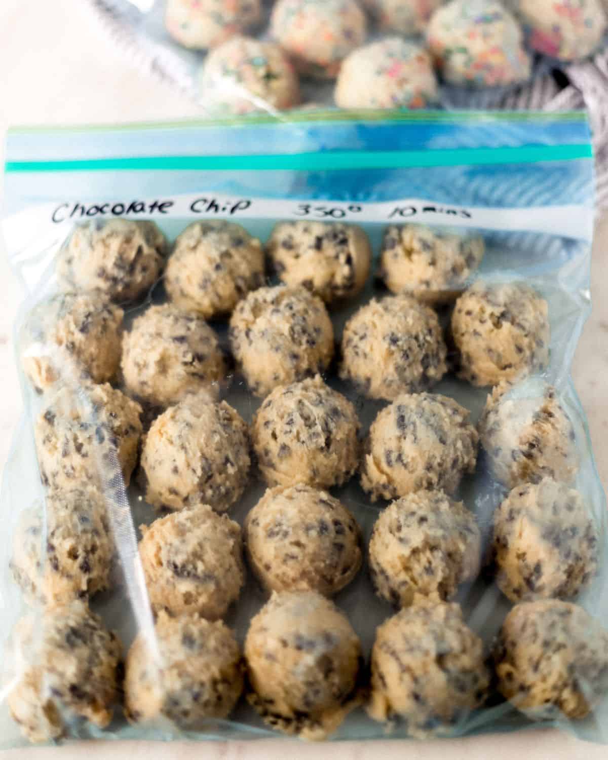 Close up view of cookie dough in freezer bag.